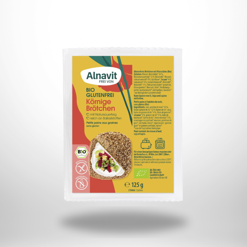 Alnavit Bio Körnige Brötchen – glutenfreie Brötchen mit Sesam & Leinsamen, 125 g